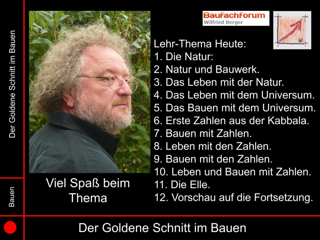 Seminare Unterlagen Lehrmaterial Anschauungsmaterial:
Natur und der Bauprofi!!!
Der SVB vom BauFachForum betont jetzt mit den Folien zum goldenen Schnitt nochmals ausdrücklich, dass nicht wir Baumeister die schlauen auf unseren Baustellen sind. Ansonsten könnten wir uns real nicht die ca. 80 % Bau- und Vermögenschäden aus der Statistik heraus erklären. Also ist hier schon ein Defizit da an Menschen, die nur irgendetwas Glauben. Nur nicht an die Grundlagen einer Schöpfung der Bauphysik. Und da trennt sich jetzt der Spreu vom Weizen. Wer glaubt, er können die Natur verarschen, wird mit der Natur untergehen.   
Einfach das Bild anklicken und Ihr kommt auf ein spannendes Video vom BauFachForum meist zur Sache direkt. Dabei verlasst Ihr das BauFachForum und kommt auf unsere YouTube Seite.    
