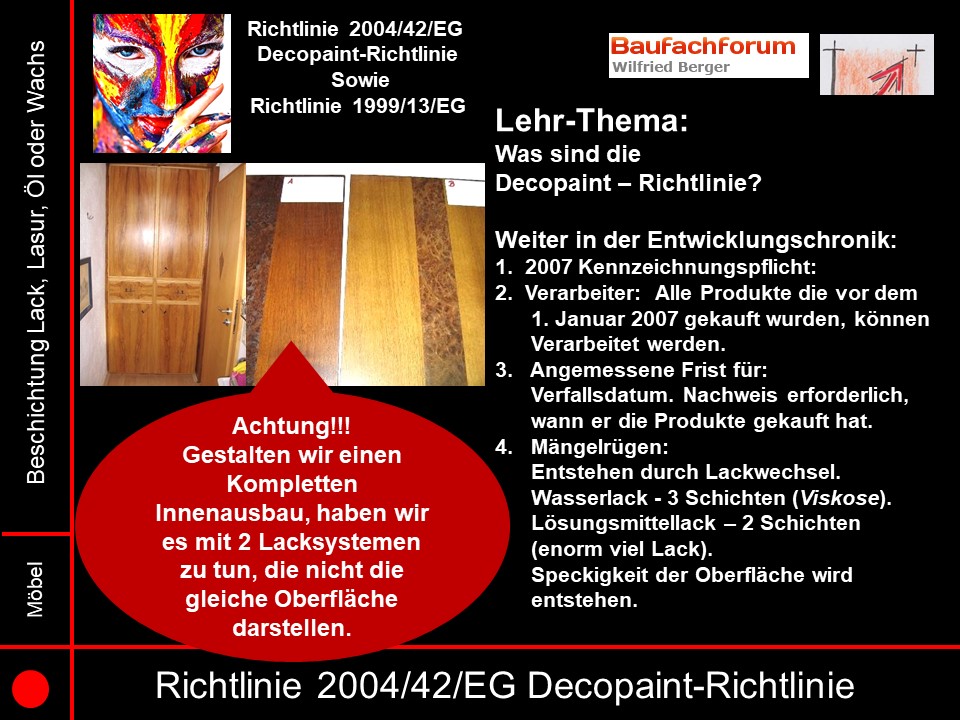 Decopaint Richtlinie 2004/42/EG Seminarfolien Das technische Problem für den Innenausbauer mit den Decopaint-Richtlinien Kunde Handwerker Komplettausbau Wohnobjekt Türen Fenstern Decken Fußböden exklusiven Möbeln einheitliche Oberfläche Möbel dauernden Gebrauch 2 Komponentenlacken lackiert Einbauteile Wasserlacken und Ölen Unterschied der Oberfläche Glanzgrad unterschiedliche Sichtflächen.