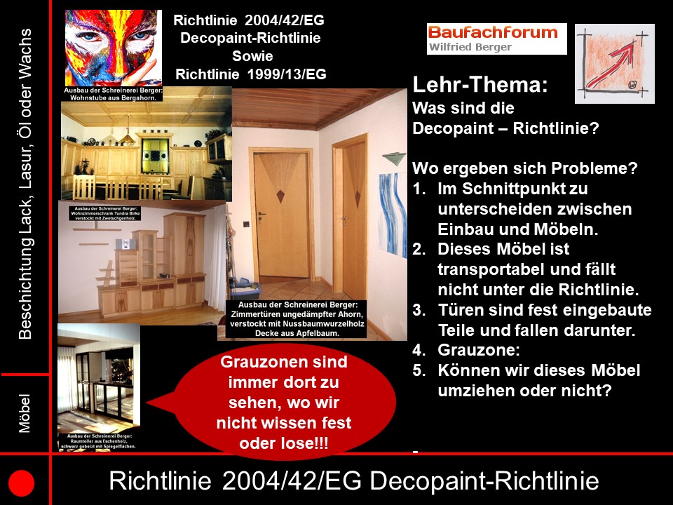 Decopaint Richtlinie 2004/42/EG Seminarfolien Grauzonen bei den Decopaint-Richtlinien:
Diese sind nicht unerheblich. Denn die Entscheidung, was Beweglich und fest, montiert ist, muß immer der Handwerker oder Selbstbauer treffen. Daher muss sich der Handwerker sehr intensiv mit diesem Thema beschäftigen.
