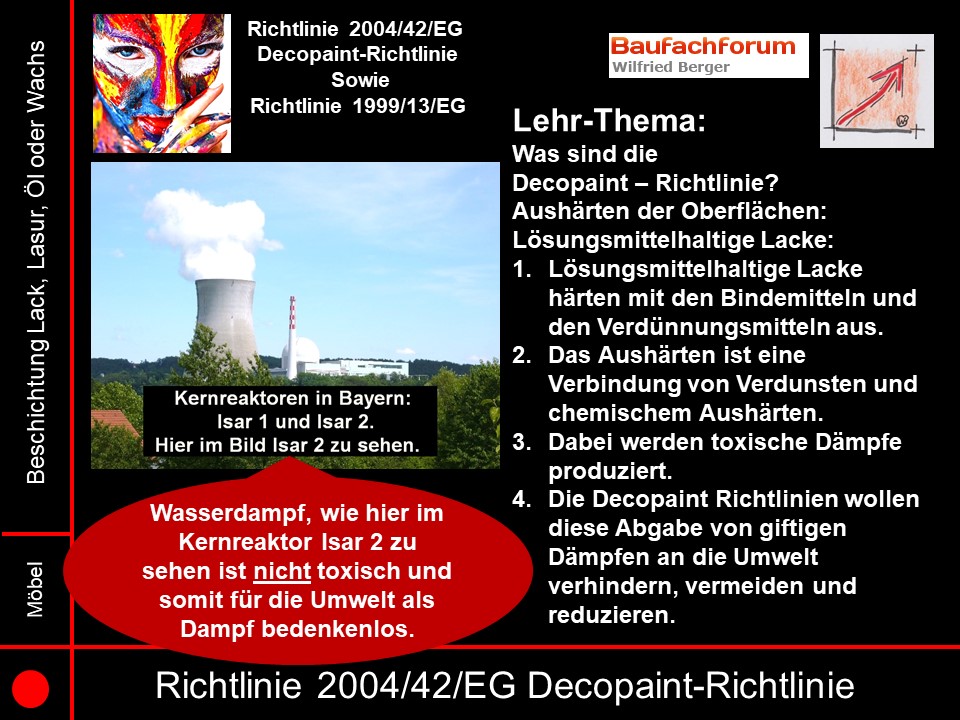 Decopaint Richtlinie 2004/42/EG Seminarfolien Was wird freigesetzt?
Das ist letztendlich immer die Kernfrage. Nicht freigesetzt werden dürfen Toxische-Dämpfe. Wasserdämpfe beispielsweise sind dabei unbedenklich.
