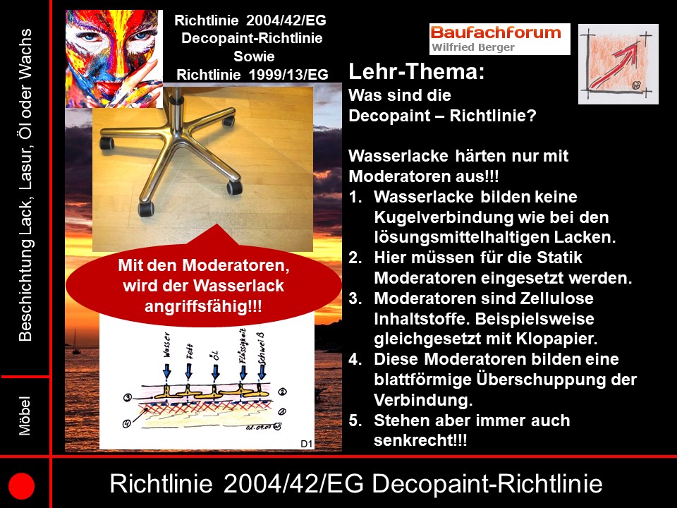 Decopaint Richtlinie 2004/42/EG Seminarfolien Schäden durch Wasserlacke
Natürlich kennen wir Sachverständige enorme Schäden mit Wasserlacken aus der Neuzeit. Denn hier sind wieder die Bedürfnisse der unterschiedlichen Menschen im Vordergrund. Der Verbraucher möchte strapazierbare Oberflächen und der Gesetzgeber nimmt dann die Zusätze raus, die die Oberfläche widerstandsfähig machen würde. Und dabei kommen in der Aufklärung mit den Decopaint-Richtlinien zwischen der Qualität, die der Bewohner wünscht und mit dem Schonen der Oberflächen, die der Bewohner nicht haben möchte nicht zusammen.
Der Link zeigt euch aus der Maslowschen Bedürfnispyramide im Verhältnis zu unserer momentanen Ampel-Regierung auf.
Link zu den Grundbedürfnisse von Maslow.   
