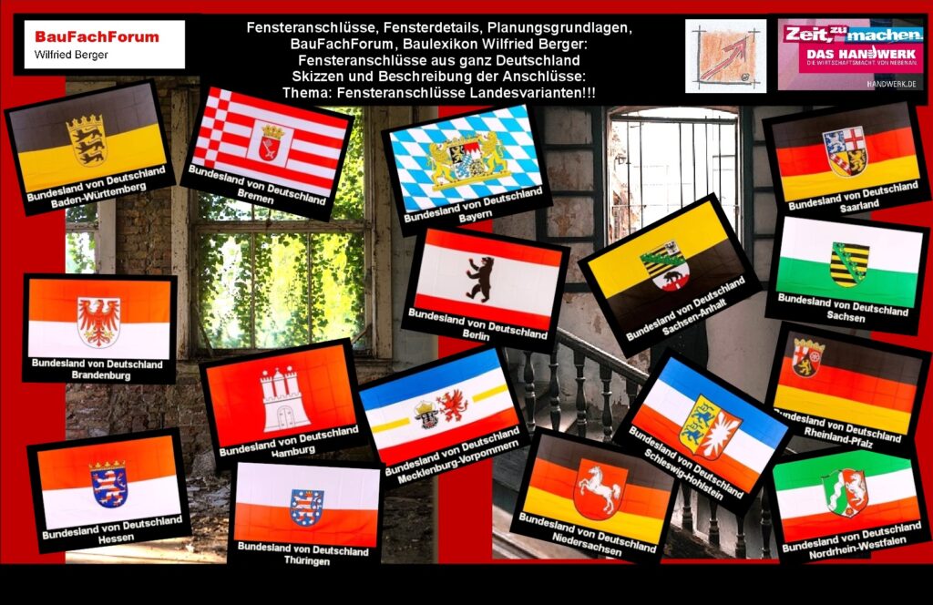 Fenstereinbau Anschlussdetails A-Z Fenstereinbau Deutschland Bauwerksabdichtungen bei Fenstern Die Fensterbauern ballten sich die Hände in den Latzhosen und verstanden die Welt nicht mehr Fenstereinbau nach der DIN 18195 und dann noch ein  Physikalisches Gefälle einhalten Kein Handwerker verstand es mehr was hier eigentlich ein Gesetzgeber und in der Verlängerung ein Normgeber eigentlich von den Fenstereinbauern verlangt Der SVB hat ca 800 Fenstereinbauseminare abgehalten Bei den ersten 50 Seminare wurde der SVB beschimpft tätlich angegriffen und es mussten Mitarbeiter der Veranstalter mithelfen Erst ca. 2003 beruhigte sich die Situation und die Handwerker kamen in die Seminare um Wissen und Tipps zu bekommen wie man einfachst und mit größtem Erfolg Fenster einbauen kann und dabei noch Geld verdienen kann Fensteranschlüsse aus ganz Deutschland Der SVB kam somit durch ganz Deutschland und kennt alle Anschlüsse aus den ganzen Bundesländern Hierbei ist keiner gleich wie in einem anderen Bundesland Daher wird euch dank Firma BOSIG die diese Seite finanziell für euch aus dem Produkte-Test heraus finanziert und somit alle früheren kostenpflichtigen Shop-Anschlussblätter für euch kostenfrei zur Verfügung gestellt werden können