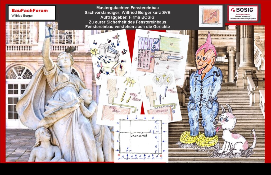 Gutachten Fenstereinbau Einbaugrundlagen Wenn das Kind in den Brunnen gefallen ist dann beginnt meist der Streit zwischen den Parteien Dabei werdet Ihr überrascht sein dass nirgends so viel gelogen wird wie vor Gericht Das ist eine alte Grundlage im Rechtstreit wie er eingebaut hat, sagt dieser alles nach Norm und dem Leitfaden Sagt dann der SVB, dann können wir ja beruhigt eine Bauteilöffnung vornehmen wird der Handwerker plötzlich bleich Name ist Schall und Rauch Und dann beginnt meistens eine ganz übles dreckiges Wäsche waschen Der eine beschuldigt der andere lügt der Rechtsbeistand verdreht und jeder biegt die Tatsachen immer nur so hin Beziehungsweise wird alles so verdreht wie der SVB das hören möchte oder soll Die rechte Hand vom Gericht Daher ist der Gerichtssachverständige die rechte Hand vom Richter oder der Richterin Er ist verpflichtet dem Gericht zur Wahrheitsfindung die technische Realität zu ermitteln Natürlich immer auf der Baustelle wo dann zum Teil auch erhebliche Bauteilöffnungen vorgenommen werden Daher wird euch hier jetzt einmal dank der Firma BOSIG im Produktetest ein Mustergutachten vorgetragen  wie ein solches Gutachten im Rechtstreit aussieht und was der Sachverständige vom IST-Zustand zum SOLL-Zustand verlangt Einfach das Bild anklicken und Ihr kommt auf ein spannendes Video vom BauFachForum 