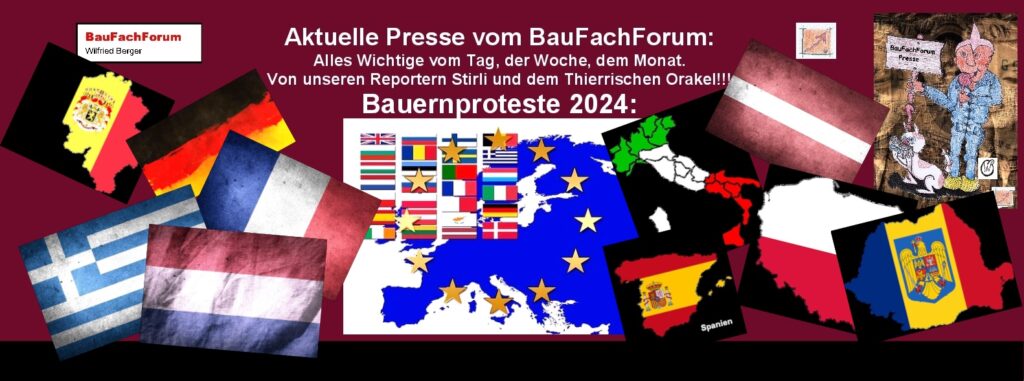 Bauernproteste 2024, Ampelregierung, Demonstrationen: Alles Wissenswertes über die geschichtliche Abhandlung der Bauernproteste 2024.
Das Hauptproblem war in Deutschland, dass die Ampelregierung eine solch verherrende und vernichtende Wirtschaftspolitik betrieben hat, dass eine Welle von Entlassungen und Firmenschließungen die Wirtschaft Deutschlands überrollt hat.
Somit an allen Ecken und Enden gekürzt werden musste, weil der Ukrainekrieg ursprünglich nicht aus einem Sondertat finanziert werden konnte, sondern aus dem Bundeshaushalt abgespart werden musste.    
Einfach das Bild anklicken und Ihr kommt auf ein spannendes Video vom BauFachForum über dieses Thema. Ihr Verlasst dabei das BauFachForum und kommt auf unseren YouTube-Kanal.    
