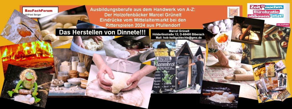 Dinnete Backware aus Oberschwaben Bäcker Ausbildungsberuf im Handwerk Lehrstellenbörse:
Die Dinnete entwickelte sich als ideales Produkt im Straßenverkauf. Was in Amerika der Street Foot ist, ist in Deutschland die Dinnete, die bei Festen wie Kirmes, Kirchweihe, Fasnet und allen möglichen Traditionsfesten aufgefunden wird. 
Einfach das Bild anklicken und Ihr kommt auf ein spannendes Video vom BauFachForum. Dabei verlässt Ihr das BauFachForum und kommt auf unseren YouTube Kanal.
