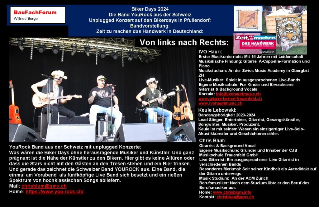 Bäcker Ausbildungsberuf im Handwerk Lehrstellenbörse:
YouRock Band aus der Schweiz mit gigantischen Songs für das Bäckerhandwerk. 
Einfach das Bild anklicken und Ihr kommt auf ein spannendes Video vom BauFachForum zu diesem Thema mit Live-Musik der Band YouRock. Ihr Verlasst dabei das BauFachForum und kommt auf unsere YouTube-Seite.
