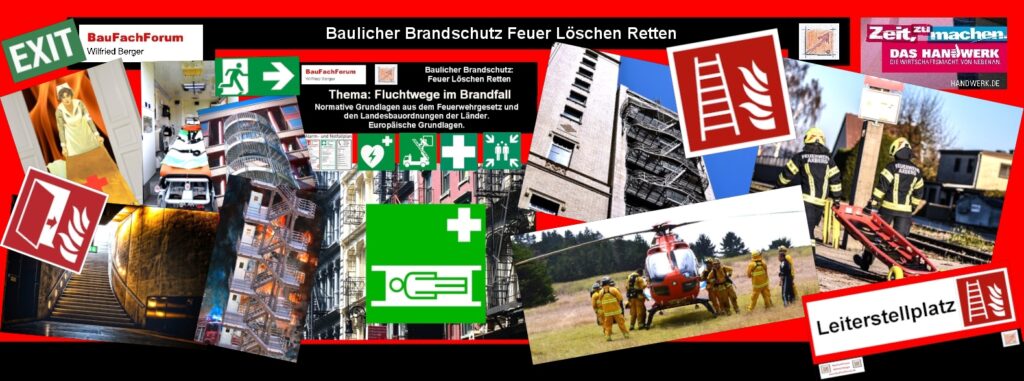 Bild Alternativtext:
Baulicher Brandschutz Feuer Löschen Retten:
Rettungswege im Brandschutz unserer Gebäude:
Mit den Fluchtwegen fällt und steht die Grundlage, ob Menschen in nur wenigen Minuten von der Feuerwehr und den Helfern aus dem Brand gerettet werden können. Also sind die Rettungswege entscheidend über Leben und Tot.
Daher sind Rettungswege deutlich bezeichnet, wie diese aussehen müssen und auch maßlich so ausgestattet sind, damit zwei Retter mit einer Rettungs-Trage waagerecht über jede Treppe eine Bergung vornehmen können. Eine entscheidende Grundlage ohne die eine Rettung sonst nicht möglich ist.    
Einfach das Bild anklicken und Ihr kommt auf ein spannendes Video vom BauFachForum, meist passend zum Thema. Dabei verlässt Ihr das BauFachForum und kommt auf die YouTube-Seite vom BauFachForum.
