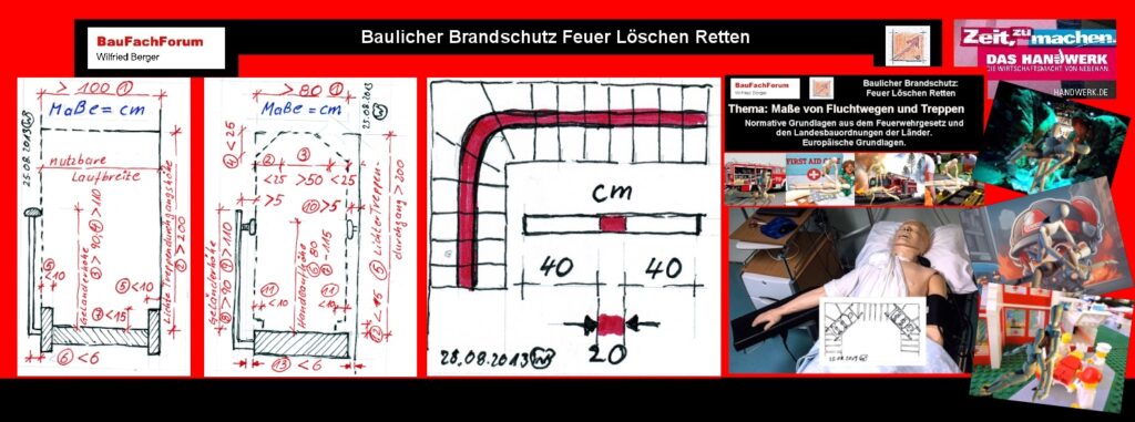 Baulicher Brandschutz Feuer Löschen Retten:
Rettungswege und Maße:
Eine Rettung von Mensch und Tier, kann von den Rettern nur vorgenommen werden, wenn Fluchtwege und allem voran Fluchttreppen exakten Maßen entsprechen. Wenn ein Fluchtweg nicht die Mindestmaße ausweisen kann, wird er als Flucht- und Rettungsweg abgesprochen. Das heißt dann Baurechtlich auch, dass die Wohneinheit nicht als Wohnraum benutzt werden darf. Siehe dazu das hier eingestellte Urteil. Daher solle penibel darauf geachtet werde, dass die Fluchtwege die genormten Maße einhalten. 
Es wird nochmals betont, dass es sich hier nicht um Maße aus der DIN heraus handelt, wenngleich die DIN diese Maße ebenfalls archiviert, sondern eine Gesetzliche Grundlage dafür vorgegeben ist. 
Diese Mindestmaße sind aus dem Baurecht heraus in jeder Baugenehmigung so festgehalten und bestimmt.   
Einfach das Bild anklicken und Ihr kommt auf ein spannendes Video vom BauFachForum, meist passend zum Thema. Dabei verlässt Ihr das BauFachForum und kommt auf die YouTube-Seite vom BauFachForum.
