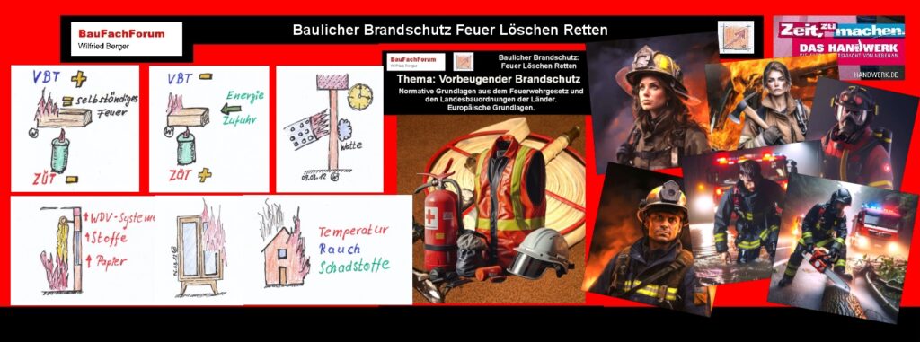 Baulicher Brandschutz Feuer Löschen Retten:
Vorbeugender Brandschutz:
Dies sind Grundlagen die nur theoretisch geführt werden, wie sich ein Brand bilden und dann ausbreiten kann. Das heißt, dass wir durch bauliche, anlagentechnische und organisatorische Maßnahmen entgegenzuwirken und die Auswirkungen von Bränden soweit es geht einzuschränken.
Grundlegend ist immer, was für das Feuer benötigt wird. Dazu gehört einmal ein Bauteil oder ein Gegenstand. Dazu dann die Bemessung des Gegenstandes, in welcher Brandschutzklasse das Ganze angesiedelt ist. 
Dazu gliedert die DIN 4102-1 die Baustoffe in die Klassen.
Nicht brennbar oder A1, A2, brennbar in B1, B2, B3 gliedert.
Einfach das Bild anklicken und Ihr kommt auf ein spannendes Video vom BauFachForum, meist passend zum Thema. Dabei verlässt Ihr das BauFachForum und kommt auf die YouTube-Seite vom BauFachForum.
