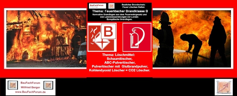 Baulicher Brandschutz Feuer Löschen Retten:
Brandklasse B:
In der Brandschutzklasse B werden alle brennbaren flüssige Stoffe eingegliedert. Dazu gehören auch Stoffe, die unter Hitzeeinwirkung flüssig werden. 
Das Markante an dieser Klasse ist, dass sie nur mit einer Flamme brennbar sind und keine Glut produzieren.
Daher dürfen diese Brände nie mit Wasser aus der Serie der Feuerlöscher der Brandschutzklasse A, die mit Wasser gefüllt sind gelöscht werden. Wasser würde verdampfen, eine Verpuffung erzeugen und den Brand noch größer werden lassen. 
Einfach das Bild anklicken und Ihr kommt auf ein spannendes Video vom BauFachForum, meist passend zum Thema. Dabei verlässt Ihr das BauFachForum und kommt auf die YouTube-Seite vom BauFachForum.
