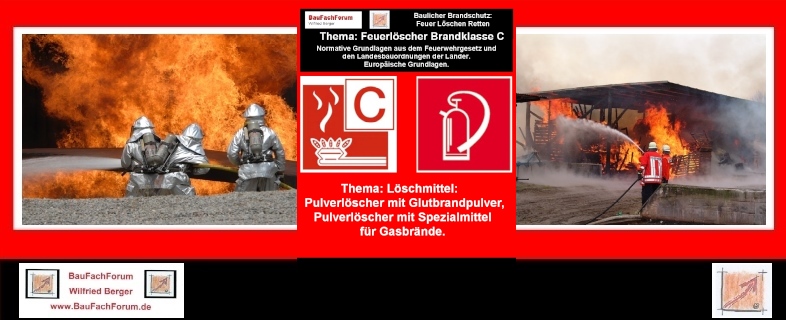 Baulicher Brandschutz Feuer Löschen Retten:
Brandklasse C:
Hier sind wir jetzt beim Brand durch Gase angekommen. 
Auch Gase brennen nur mit Feuer oder Flamme und bilden ebenfalls keine Glut. Hierbei ist auch die Gefahr einer Explosion gegeben. Also auch hier nur geeignete Feuerlöscher verwendet werden dürfen.
Gasbrände dürfen expliziert nicht mit Wasser, Schaum oder Kohlendioxid oder kurz CO2 gelöscht werden. Diese Löschmittel sind für Gasbrände nicht schädlich allerdings aus nicht wirksam, da die Löschmittel auf Gas keine Löscheigenschaft auslösen. 
Einfach das Bild anklicken und Ihr kommt auf ein spannendes Video vom BauFachForum, meist passend zum Thema. Dabei verlässt Ihr das BauFachForum und kommt auf die YouTube-Seite vom BauFachForum.
