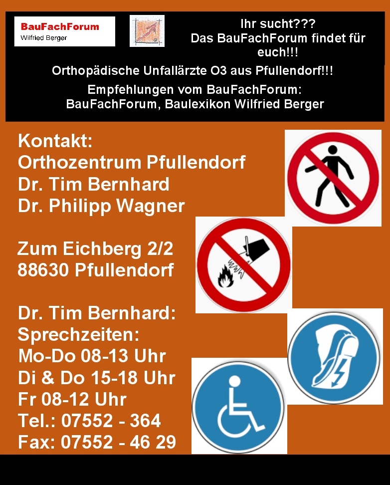 Ihr sucht?
Eine kompetente Praxis für Orthopädie & Unfallchirurgie im Raum Bodensee? 
Im Zentrum für Orthopädie und Unfallchirurgie hier in Pfullendorf, werden umfangreiche Diagnose- und Therapiemöglichkeiten bei allen orthopädischen und unfallchirurgischen Erkrankungen behandelt.

Dazu gehören beispielsweise:
Behandlung von: Arthrose sämtlicher Gelenke
Behandlung von: Verletzungen, Sport- Verletzungen & Arbeitsunfälle
Behandlung von: Bandscheibenerkrankungen
Behandlung von: Osteoporose

Die Ärzte:
Dr. med. Philipp Wagner:
Facharzt für Unfallchirurgie & Orthopädie
Durchgangsarzt oder kurz D-Arzt
 Zusatzbezeichnung: 
Spezielle Unfallchirurgie
Rettungsmedizin
Chirotherapie
Rennsportarzt oder kurz FIA oder FIM
Fachexperte Endoprothetikzentren

Dr. med. Tim Bernhard:
Facharzt für Unfallchirurgie & Orthopädie
Durchgangsarzt oder kurz D-Arzt
Zusatzbezeichnungen:
Chirotherapie
Akupunktur
Sportmedizin
Zertifizierter Fußchirurg
