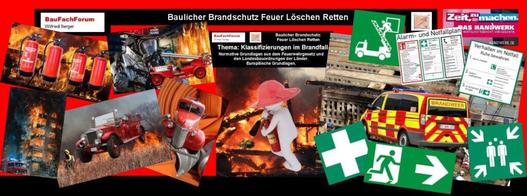 Baulicher Brandschutz Feuer Löschen Retten:
Baulicher Brandschutz und Beschilderung:
Es ist letztendlich egal, ob wir uns im baulichen Brandschutz im Bereich des realen Brand und dessen Bekämpfung befinden, oder ob wir uns im vorbeugenden Brandschutz befinden. Grundlegend ist immer, dass wir die Feuerlöscher beispielsweise und auch die Wasserentnahmestellen und Löschteiche die eingerichtet wurden um den Ersteinsatz einzuleiten finden. Ausgehen müssen wir immer davon, dass wir es mit meist bescheidenden Sichtverhältnissen zu tun haben. Ausgelöst werden diese aus dem Schwellbrand der am Anfang bereits vorgestellt wurde und erheblichen Rauch produziert. Daher stehen wir immer in der Verantwortung, dass wir auf unseren Brandstellen auch mit schlechter Sicht die entsprechenden Rettungseinrichtungen finden. Und dazu gehört die Beschilderung mit den Brandschutzzeichen.   
Einfach das Bild anklicken und Ihr kommt auf ein spannendes Video vom BauFachForum, meist passend zum Thema. Dabei verlässt Ihr das BauFachForum und kommt auf die YouTube-Seite vom BauFachForum.
