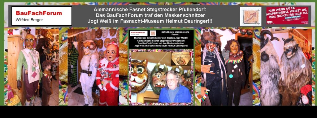 Alemannische Fasnet Stegstrecker Pfullendorf:
Keine schwäbisch-alemannische Fasnet ohne Masken aus dem Brauchtum:
Brauchtum ist auch die Grundlage des Schalls:
Wir erkennen, in der Folge noch mit der Winter- oder Hexa-Verbrennung, dass am Ende der Fasnet am Fasnetsdienstig dieser Brauchtum vollzogen wird. Und zu diesem Brauchtum gehört auch das Schnellen mit den Karbatschen. Gleichfalls gehören Rätschen und Schellen oder Glocken hier mit dazu. Geschelle und geknalle ist immer eine Grundlage, die bösen Geister zu vertreiben. 
Beispielsweise beim Klausentreiben aus dem Allgäu ziehen gruslige Gestallten durch die Straßen des Allgäus. Hier wird gerade mit den guten Geistern die bösen Wintergeister vertrieben werden. Dazu sind die Gestalten der Klausen und des Bärbele bedeutend. Dabei tragen die Klausen meist Tierfälle als Häser und grausige Masken mit Tierhörnern. Entscheidend ist jetzt allerdings, dass die Klausen einen grausigen Krach machen, bei denen fast der Tinnitus eintritt. Denn nur so können die bösen Geister vertrieben werden. 
Daher haben die Klausen Glocken-Gürtel mit schweren Kuhschellen um den Leib geschnallt, bei denen jeder Schritt der Monster zu einem Glockengeläut wird. Allerdings der grusligsten Art von Musik oder einfach nur Krach.
Am Tag der heiligen Barbara am 04.12 des Jahres, ziehen die unverheirateten Frauen des Allgäus als Moosweiber mit Moos an den Masken und Schürzen als Häser durch die Straßen.  
Das Schnellen der Karbatschen ist dasselbe. Hier soll ein erheblicher Krach entstehen um die bösen Geister zu vertreiben.
Einfach das Bild anklicken und Ihr kommt auf ein spannendes Video vom BauFachForum, meist passend zum Thema. Dabei verlasst Ihr das BauFachForum und kommt auf unsere YouTube-Seite.
Im Video seht Ihr die Schneller von Pfullendorf und der Umgebung bei der Weltmeisterschaft 2020 aus Pfullendorf. Mit dabei der Weltrekordhalter Adam Crack Winrich aus den USA , der Welthits auf der Karbatsche knallt, dass die Zuschauer in Extase mitsingen.  

